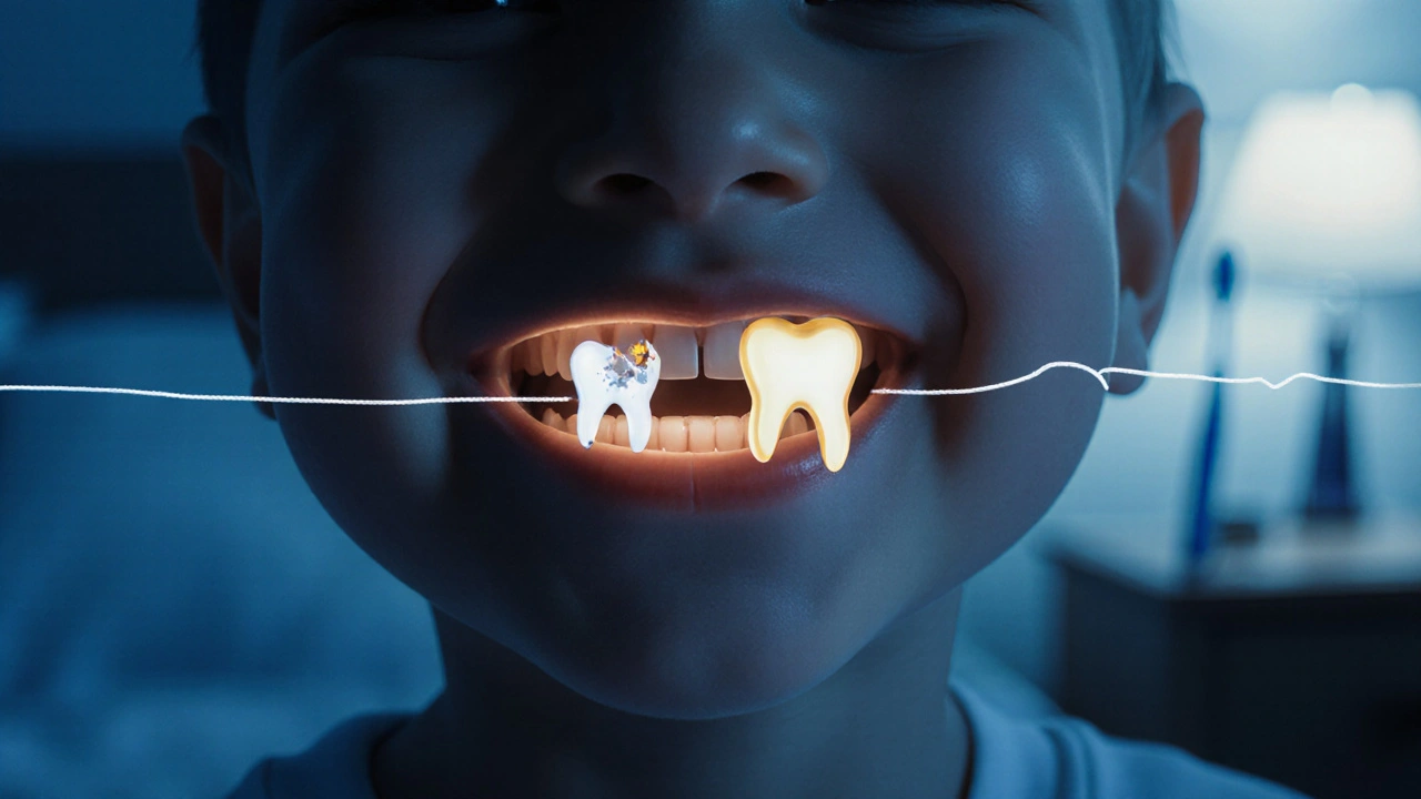 Symbolický obraz zdravého a rozpadajícího se mléčného zubu spojeného nití.