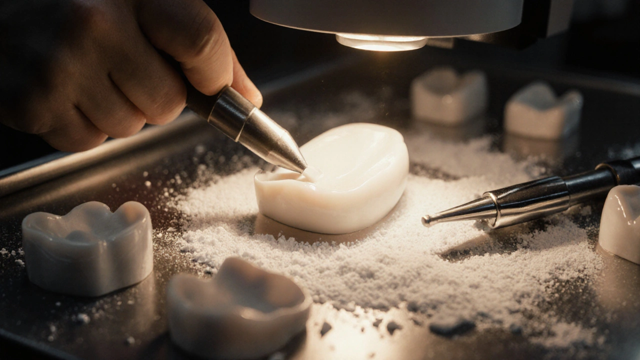 Technik v zubní laboratoři precizně políruje tenkou keramickou fazetu pod magnifikací.