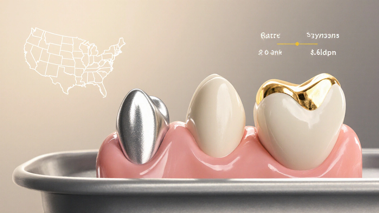Three types of dental fillings — silver, white, and gold — displayed on a metal tray.