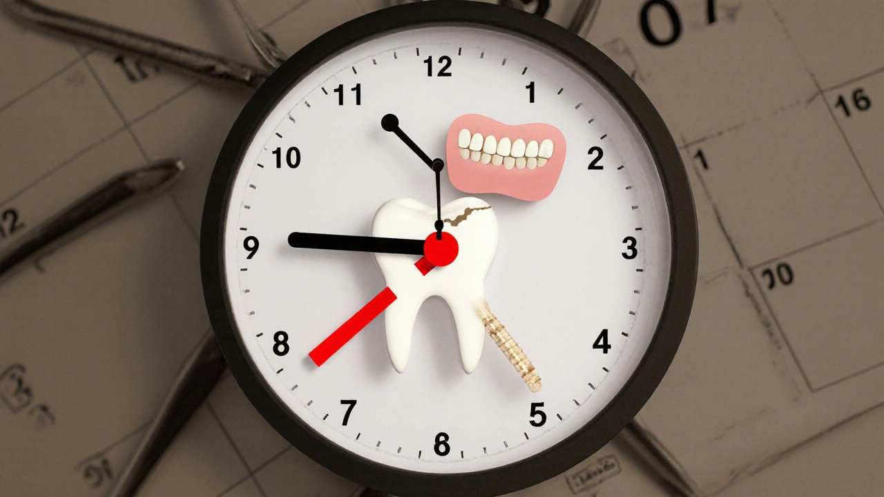 Timeline of cavity treatment stages: filling, root canal, and crown.