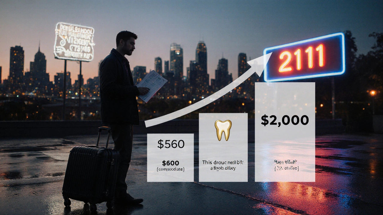 Traveler holding a dental bill with cost comparisons and a helpline visible in the background.