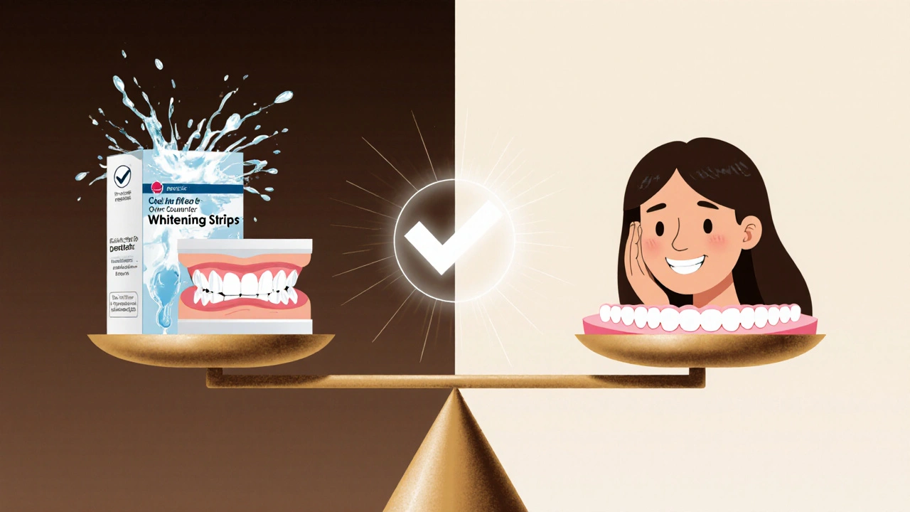 Váha porovnávající nebezpečné domácí bělení s bezpečným profesionálním zákrokem u zubaře.