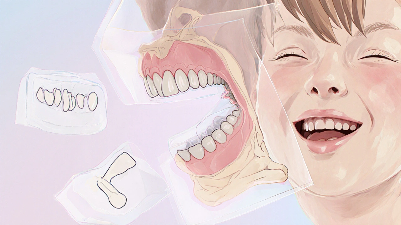 Vývoj dětské čelisti od úzké k správně vyvinuté s vyznačenými zuby a pomůckami.