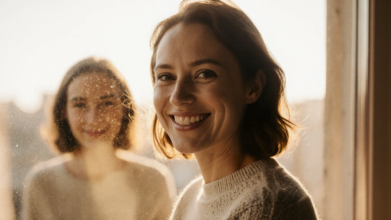 Žena se usmívá do slunce, její tvář je osvěžená a plná sebevědomí.