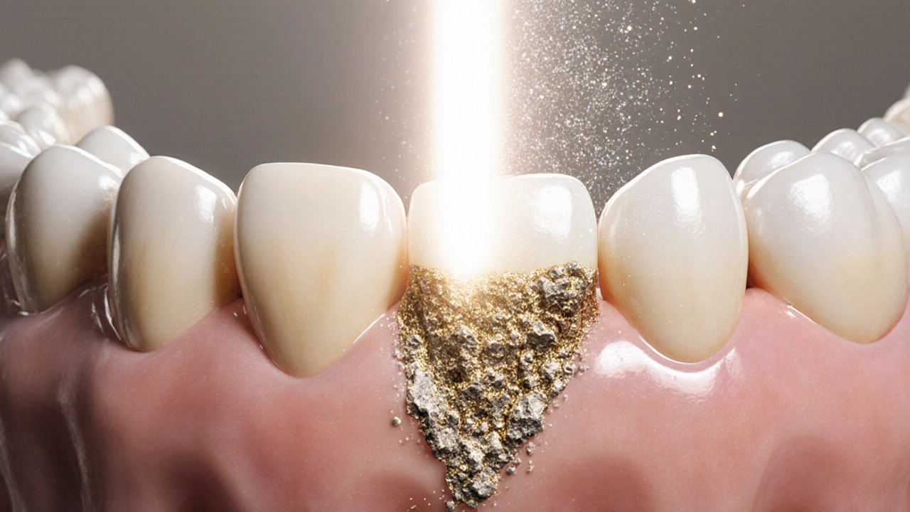Zubní kámen jako vrstva minerálů na zubech, kterou rozpadá jemný proud písku.
