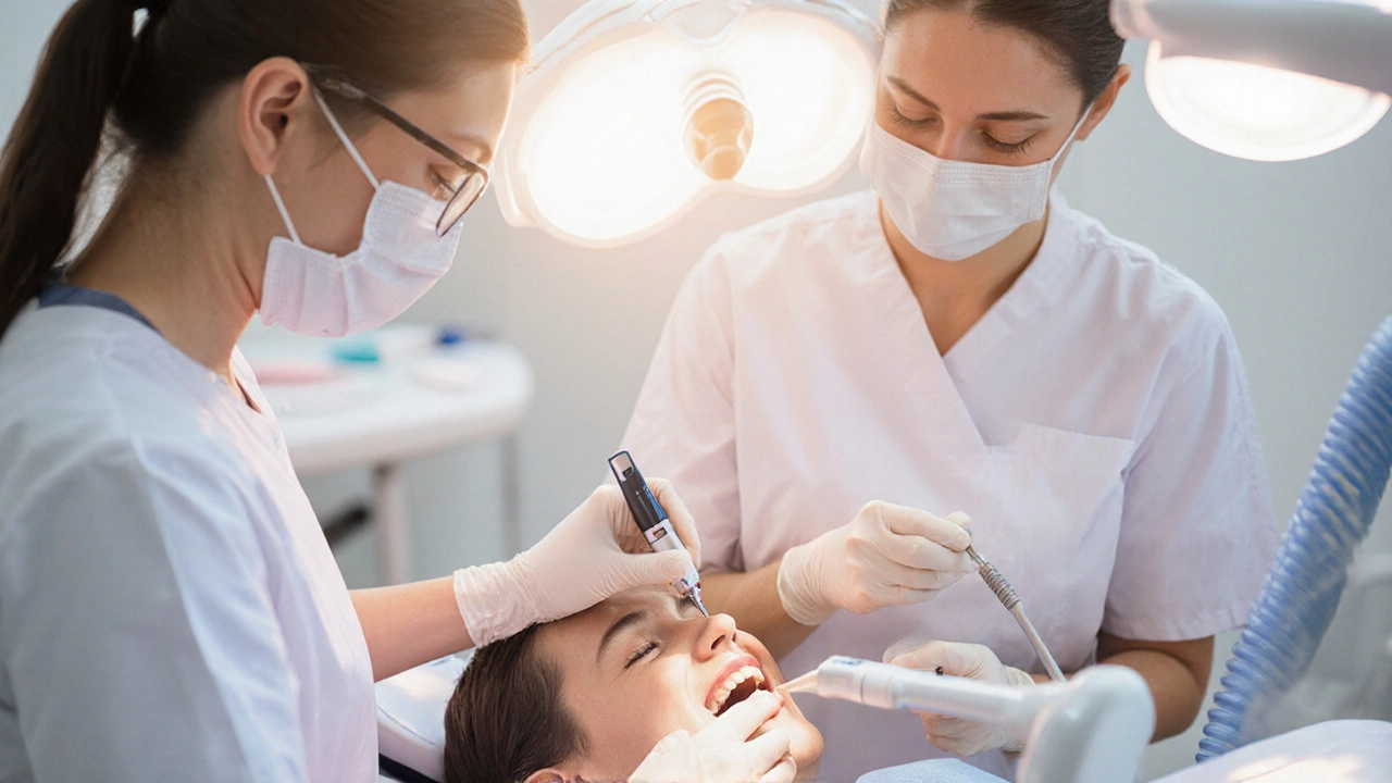 Zubní lékař odstraňuje zubní kámen ultrazvukovým zařízením.