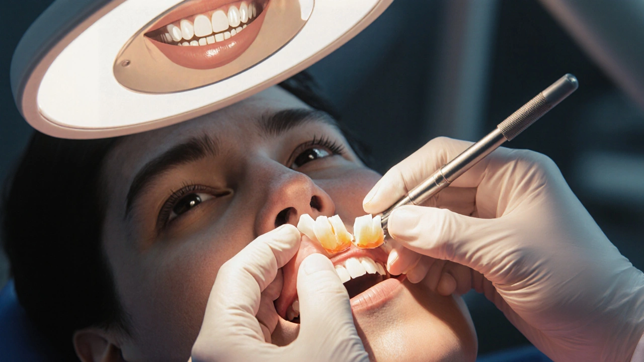 Zubní lékař opravuje zlomený přední zub kompozitním materiálem.