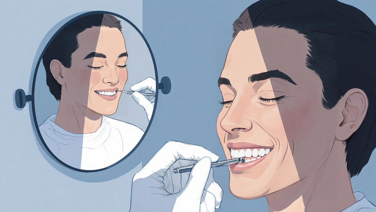 Zubní lékař vyplňuje přední zub kompozitní plombou v klinice.