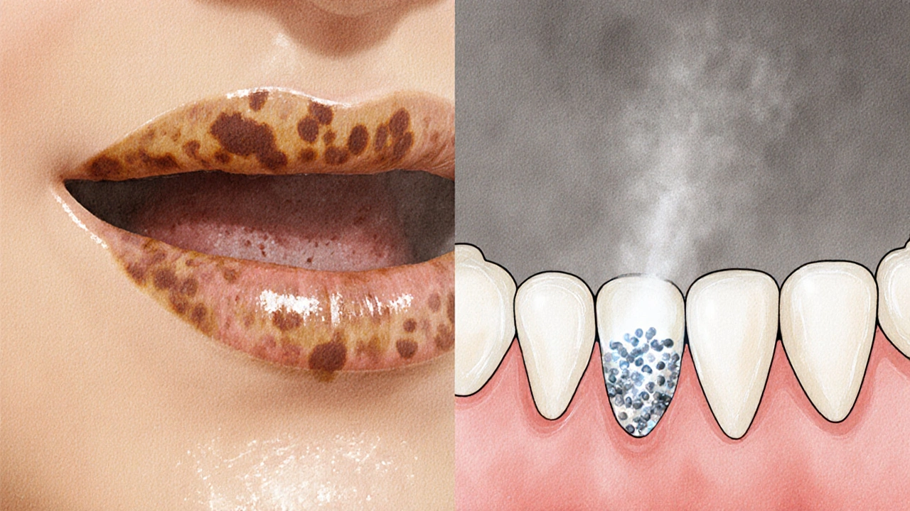Zvětšené zuby ukazující rozdíl mezi povrchovými skvrnami a vnitřním bělícím účinkem peroxidu vodíku.