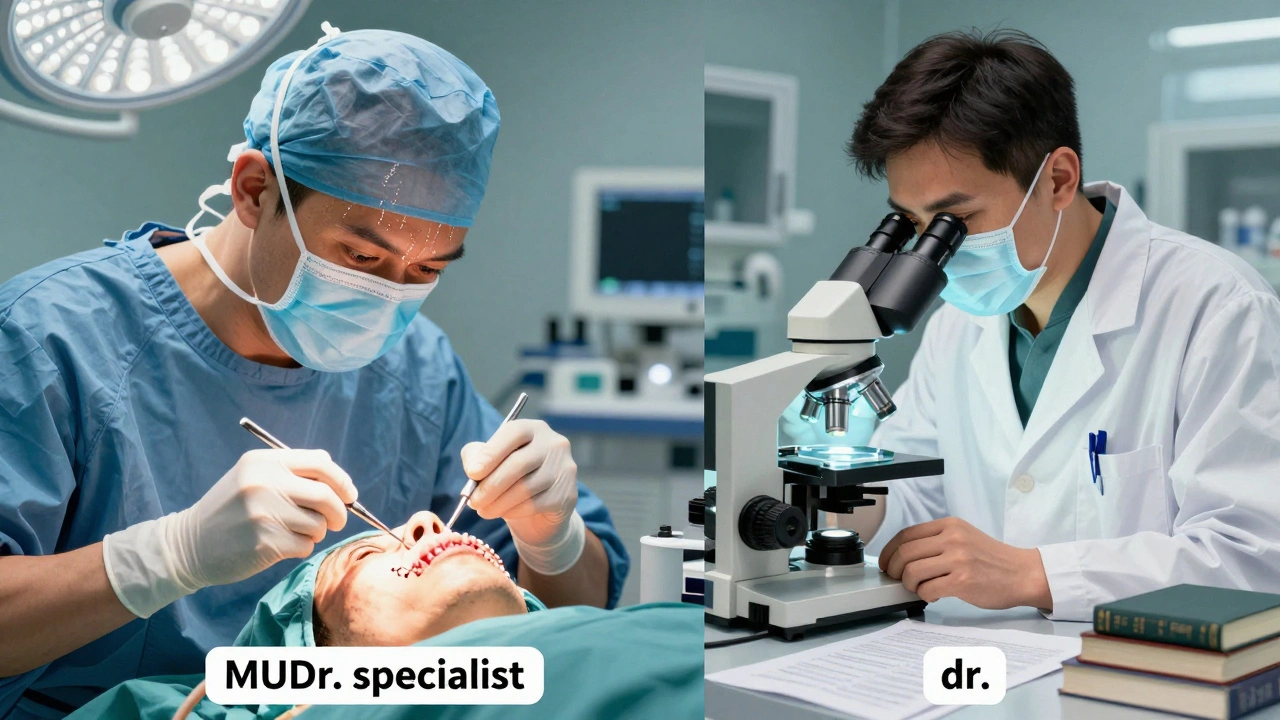 Chirurg provádí operaci čelisti vpravo, výzkumník pracuje v laboratoři vlevo.