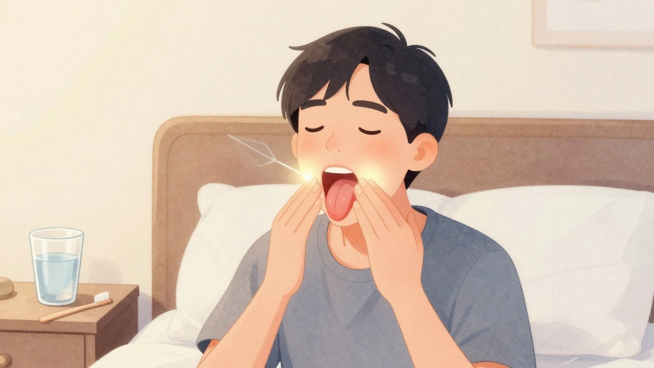 Člověk cvičí jazykem proti stropu úst, aby pomohl zmenšit mezeru mezi zuby.