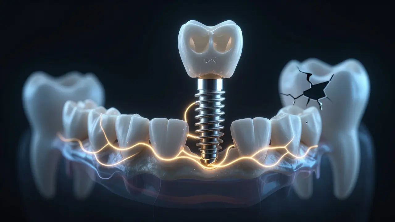 Dental implant integrovaný do čelisti s přirozenými biologickými cestami.
