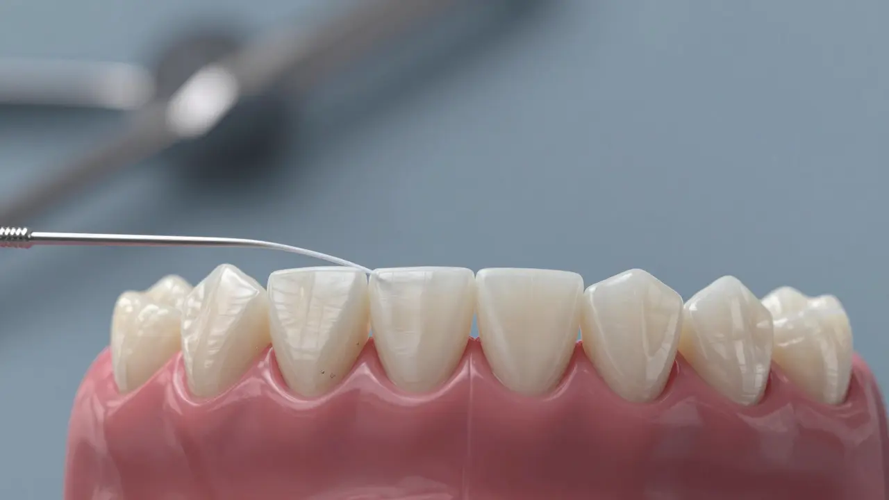 Detail zubů s veneery a nití čistící mezeru u dásně