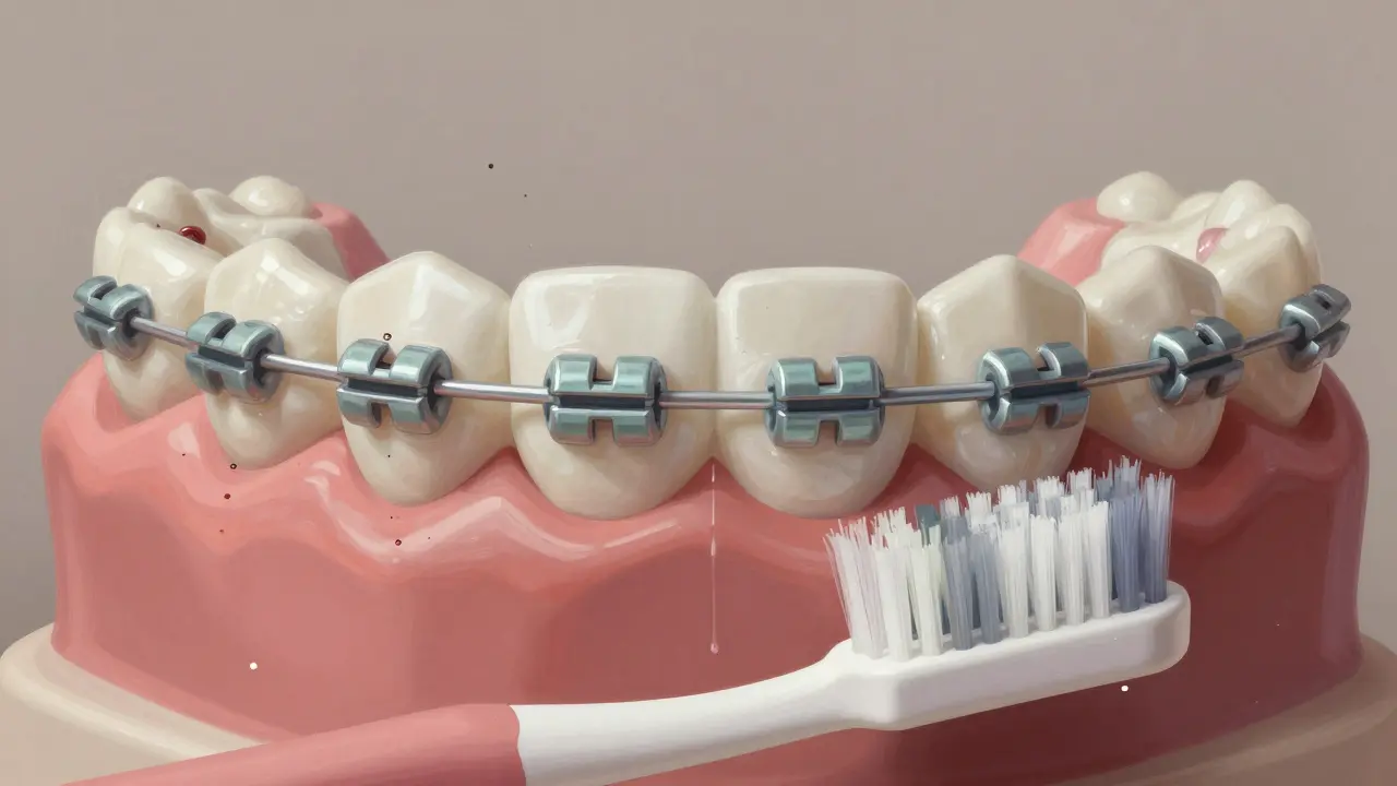 Detailní záběr keramických rovnátek s odplavenými barvivy a zubním kartáčkem, symbolizující denní péči o ústa.