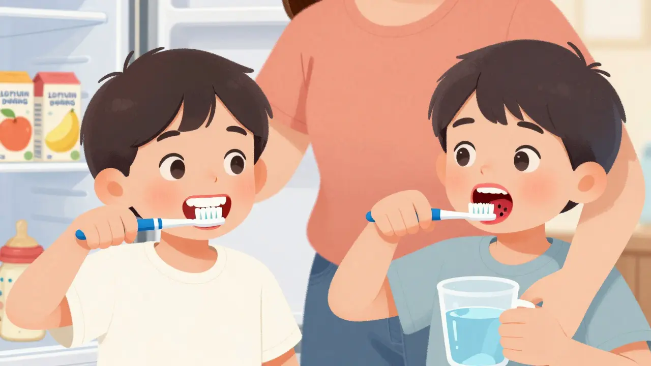 Dítě čistí zuby spolu s rodičem, vedle nich jsou šťávy a láhve.