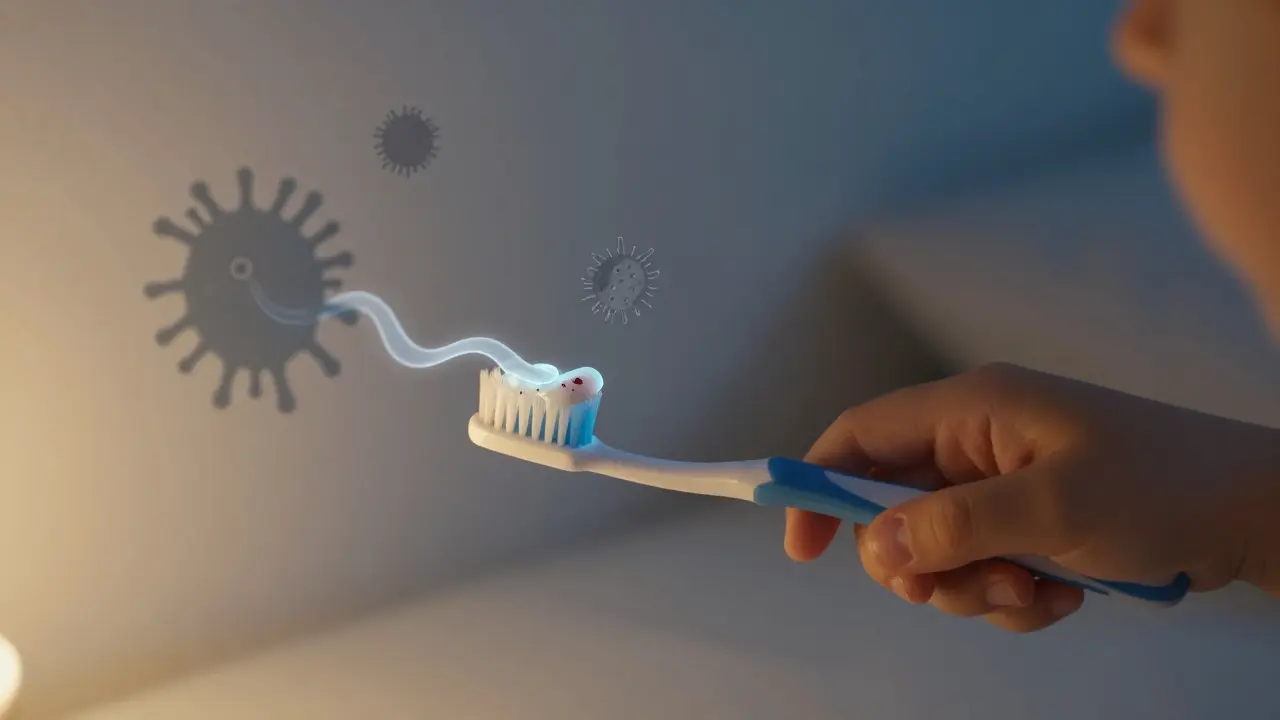 Dítě čistí zuby večer, fluorid obnovuje zubní sklovinu.