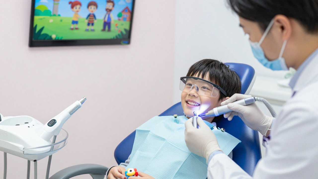 Dítě u zubaře dostává profesionální čištění zubů s ultrazvukem, klidně se dívá na film.