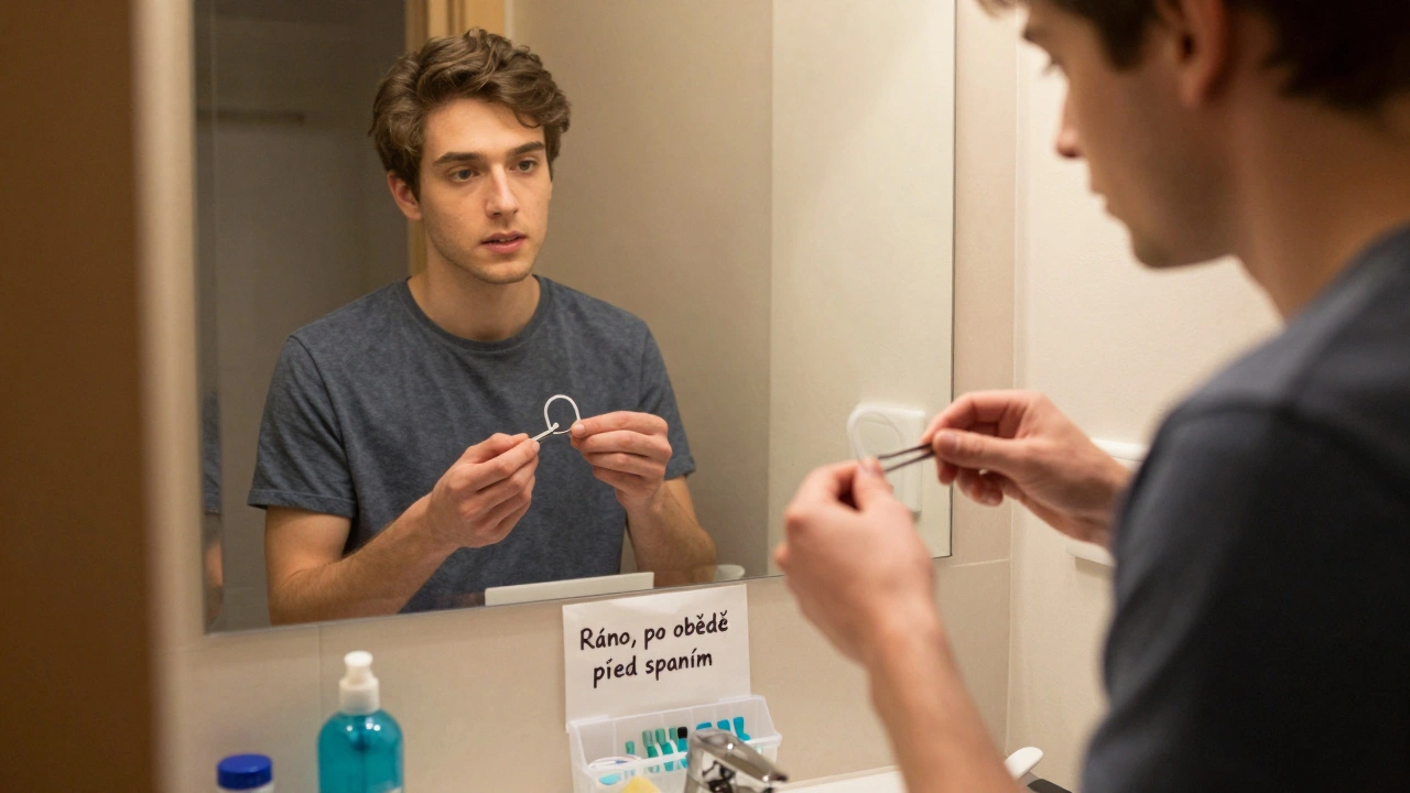 Dospělý muž v koupelně při výměně gumiček na rovnátka před zrcadlem s náhradními kusy na stole.