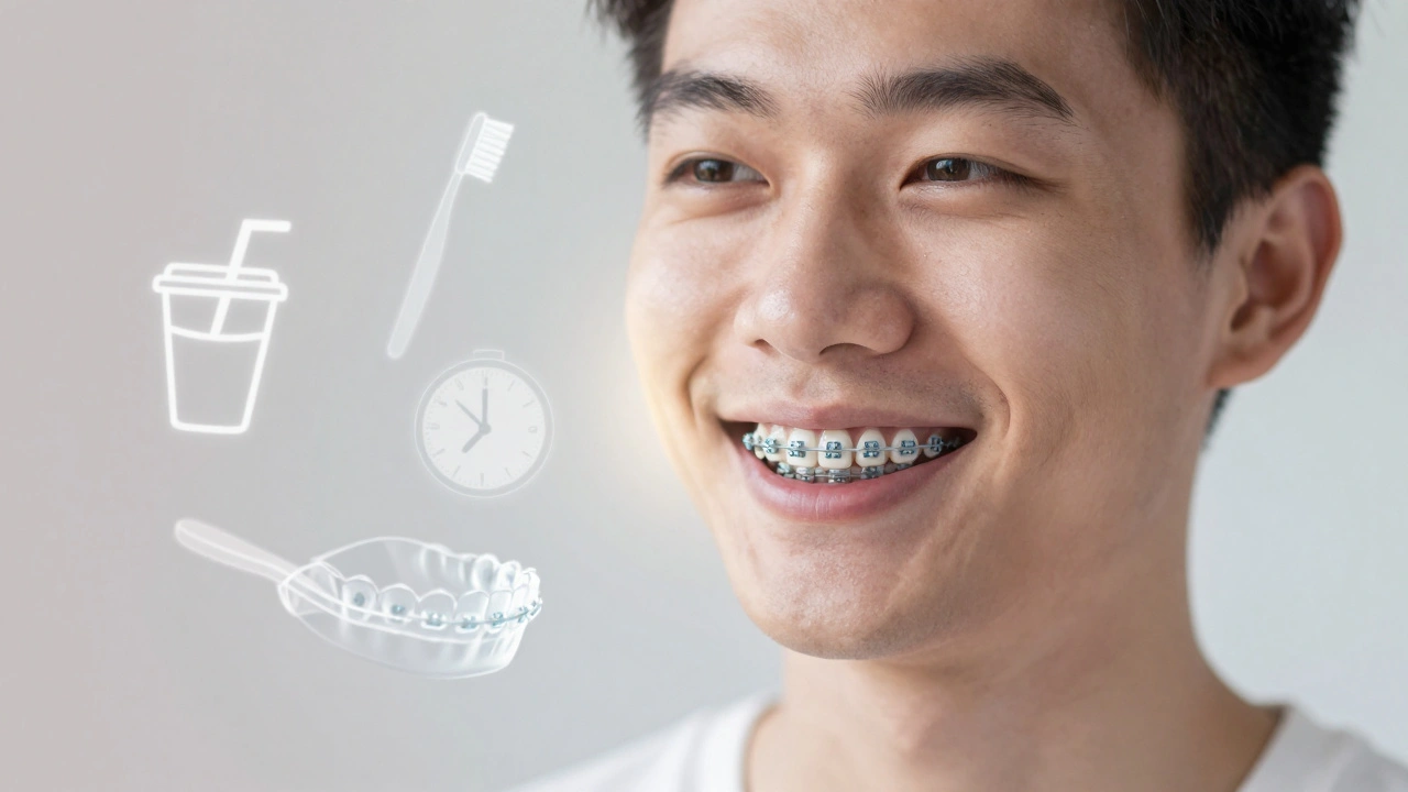 Dospělý se smíchem a keramickými rovnátky s symboly správné péče.