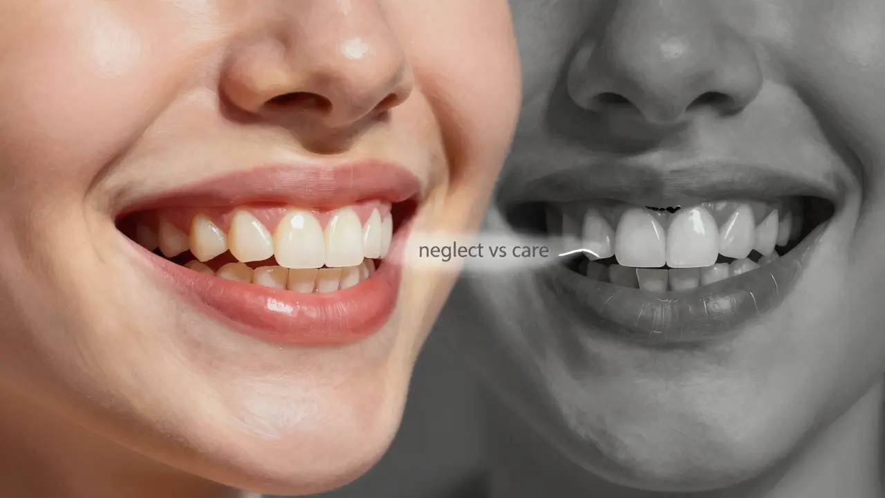 Dvě strany úsměvu: zdravé veneery vs. poškozené z důsledků zanedbání