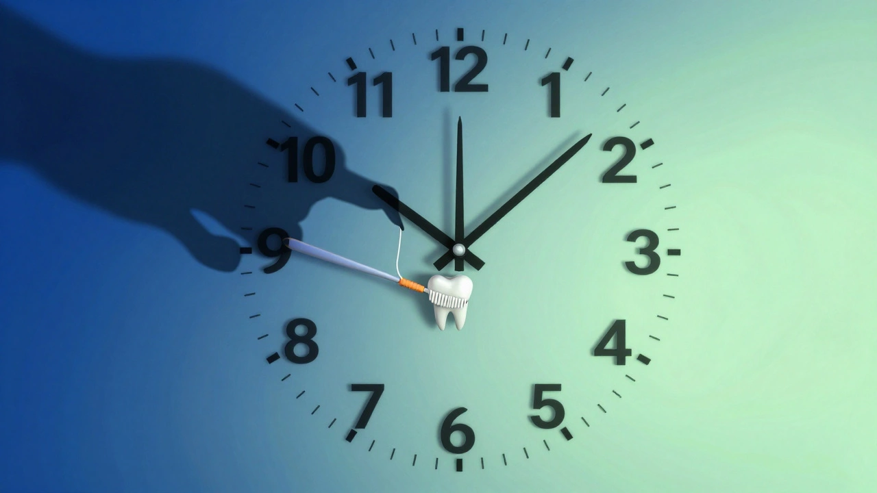 Hodiny s zuby namísto čísel, kde večerní hygiena odhání kazu, symbolizující každodenní prevenci.