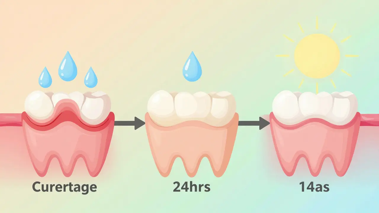 Ilustrace hojení dásní po kyretáži: od zánětu přes bezpečnou fázi k zdravému stavu po 14 dnech.