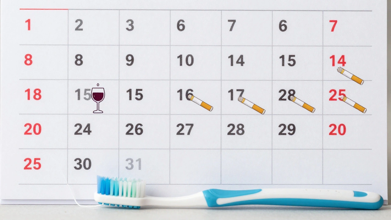 Kalendář ukazující postupné ztrátu bělosti zubů během 6–12 měsíců.