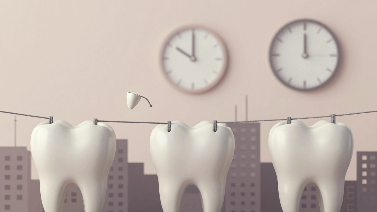 Koncepční ilustrace zubů jako města, kde gumičky působí jako lana tažící zuby do správné polohy.