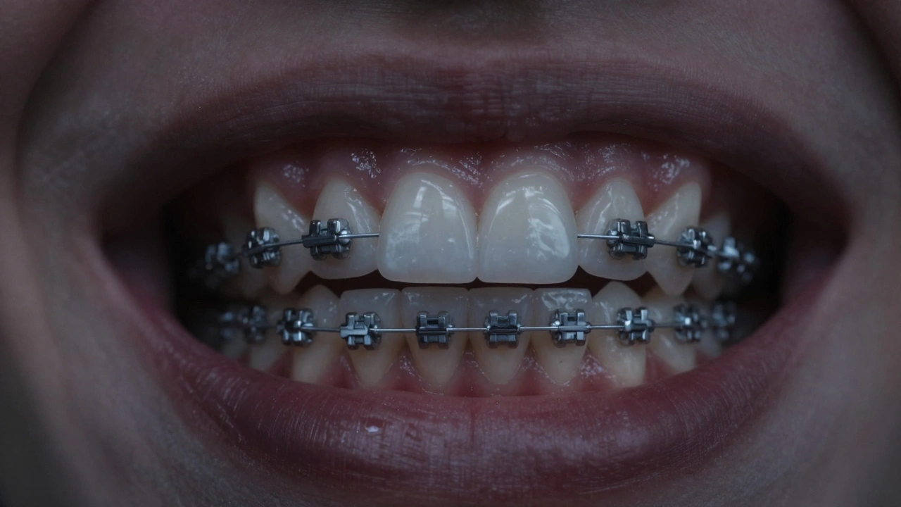 Langová rovnátka skrytá za zuby, neviditelná z přední strany.