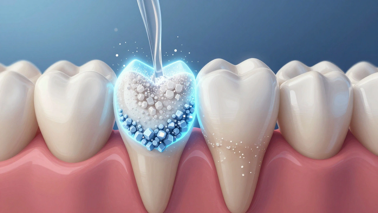 Mikroskopické částice odstraňují skvrny z zubu, zatímco hydroxyapatit obnovuje sklovinku.