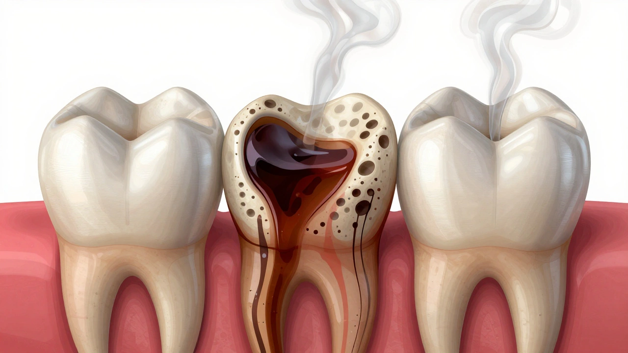 Mikroskopické póry zubů vstřebávají tmavá barviva z kávy a vína.