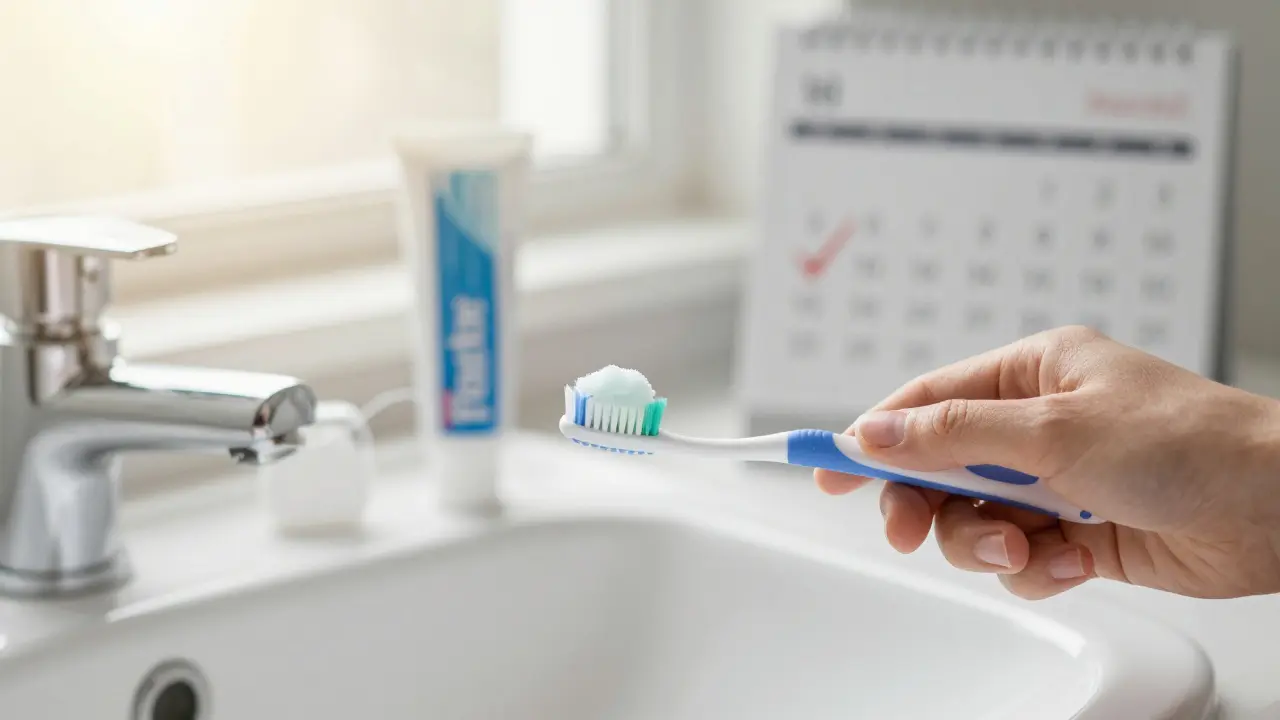 Osoba jemně čistí zuby měkkým kartáčkem, na umyvadle jsou zubní pasta a nit, slunce osvětluje klidnou scénu péče.