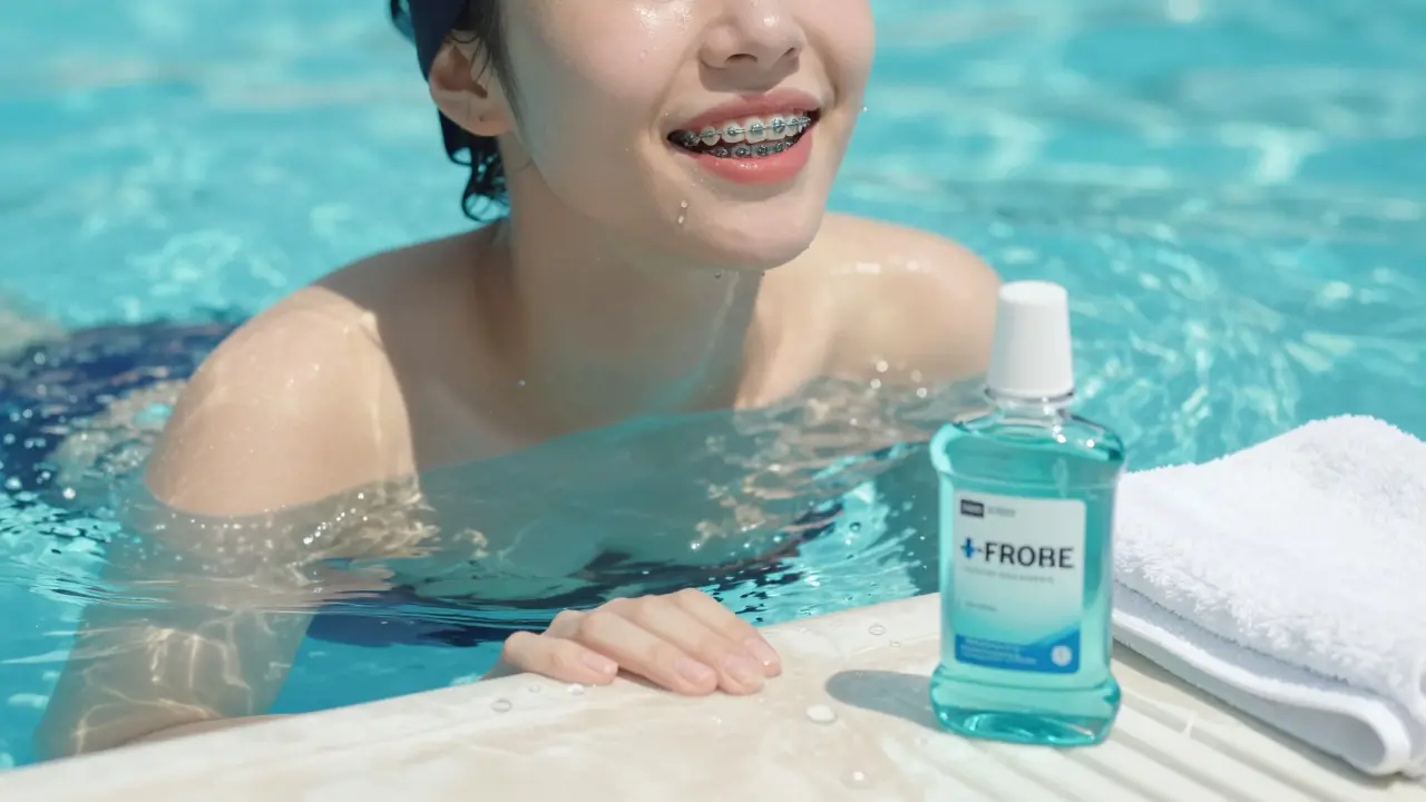 Osoba plave v bazénu s keramickými rovnátky, voda svítí na jejích rtech, vedle jsou ústní voda a ručník.