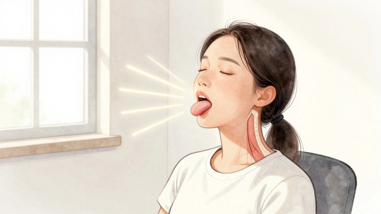 Osoba provádí cvičení jazyka s jazykem přitlačeným k patře úst.