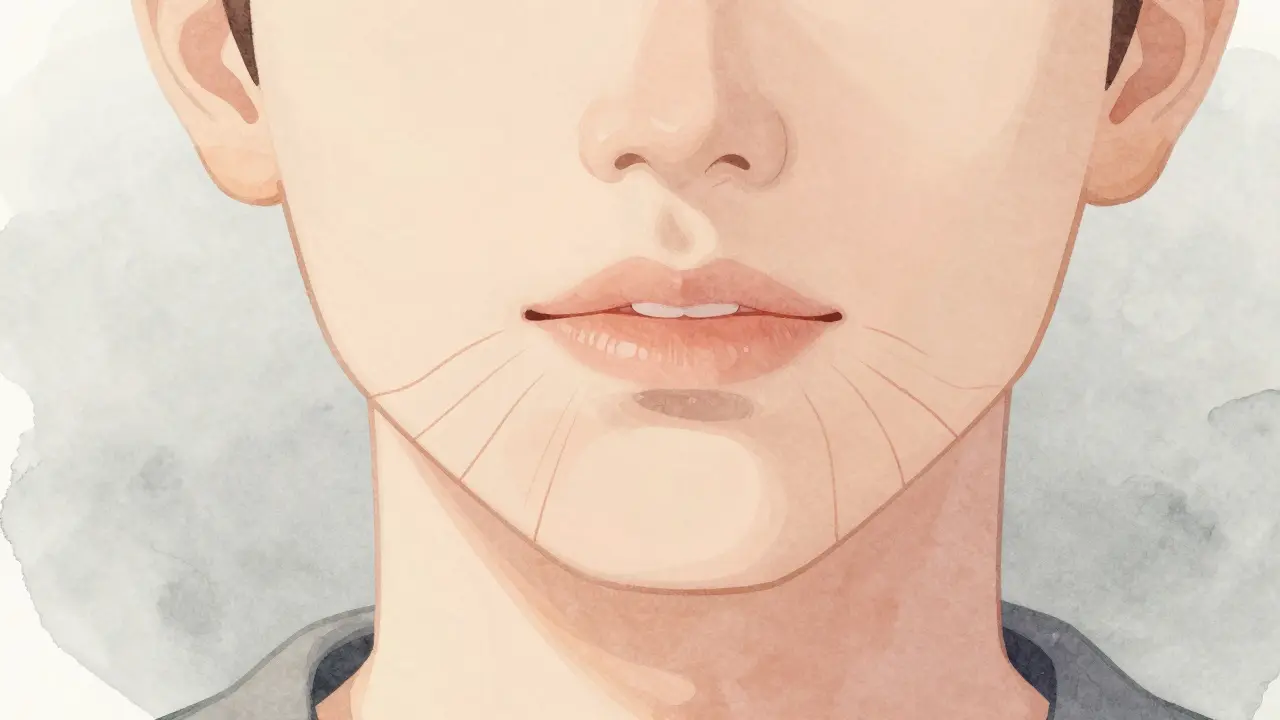 Osoba provádí jemné pohyby čelistí pro stimulaci dásní.