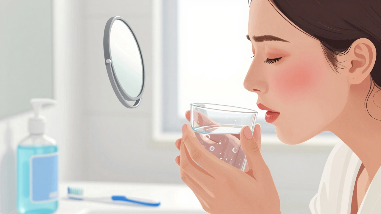 Pacient opatrně plácající ústa slanou vodou po maxilofaciální operaci.