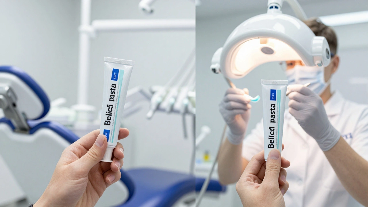 Porovnání domácí bělící pasty a profesionálního bělení u zubaře.