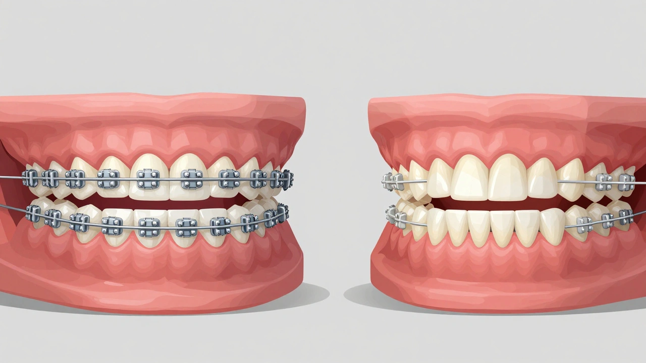 Porovnání kovových a keramických rovnátek na zubním oblouku.