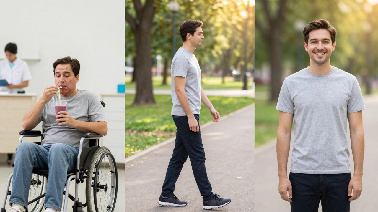 Postupné hojení: od otekliny přes klidný výlet až k přirozenému obličeji po 6 měsících.