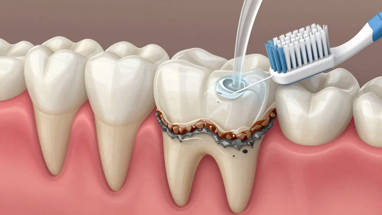 Přehled zubní sklovině s plakem a zubním kamenem a čistícími prostředky.