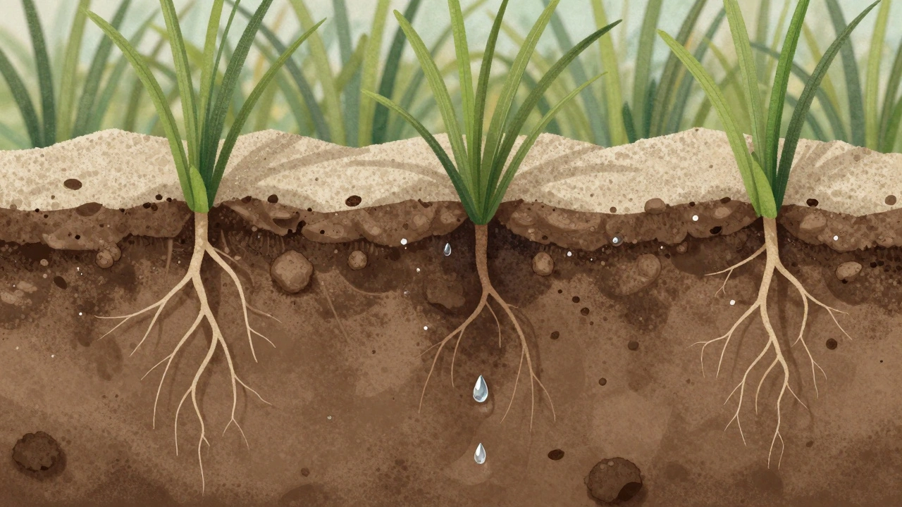 Příčný řez trávníkem ukazující, jak písek zlepšuje strukturu půdy a umožňuje kořenům růst hlouběji.