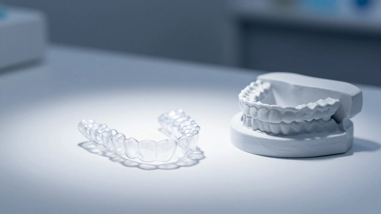 Průhledný vyrovnávací štít leží vedle odtisku zubů na čistém pozadí.