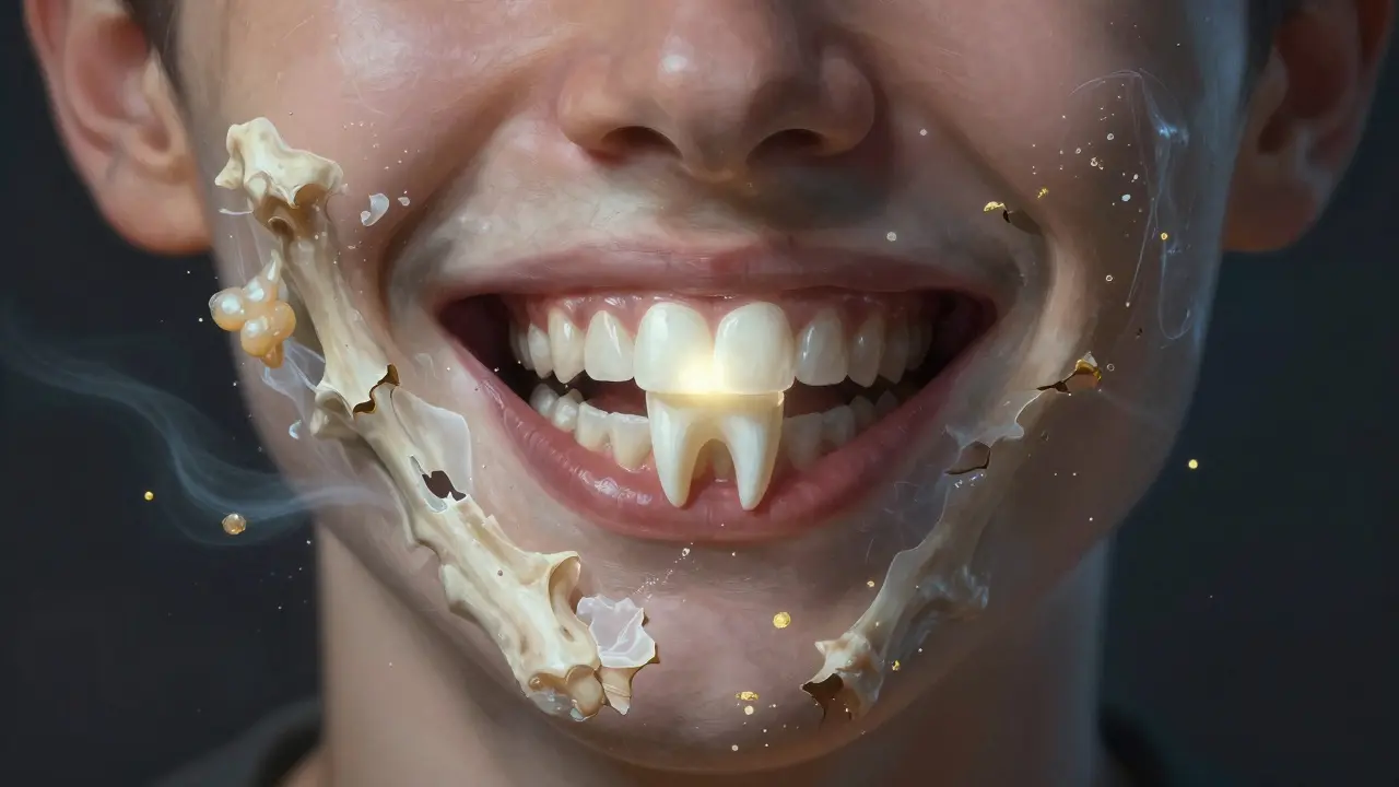 Rozpadající se úsměv s jedním záchranou předním zubem, symbolizující křehkost a důležitost zubů.