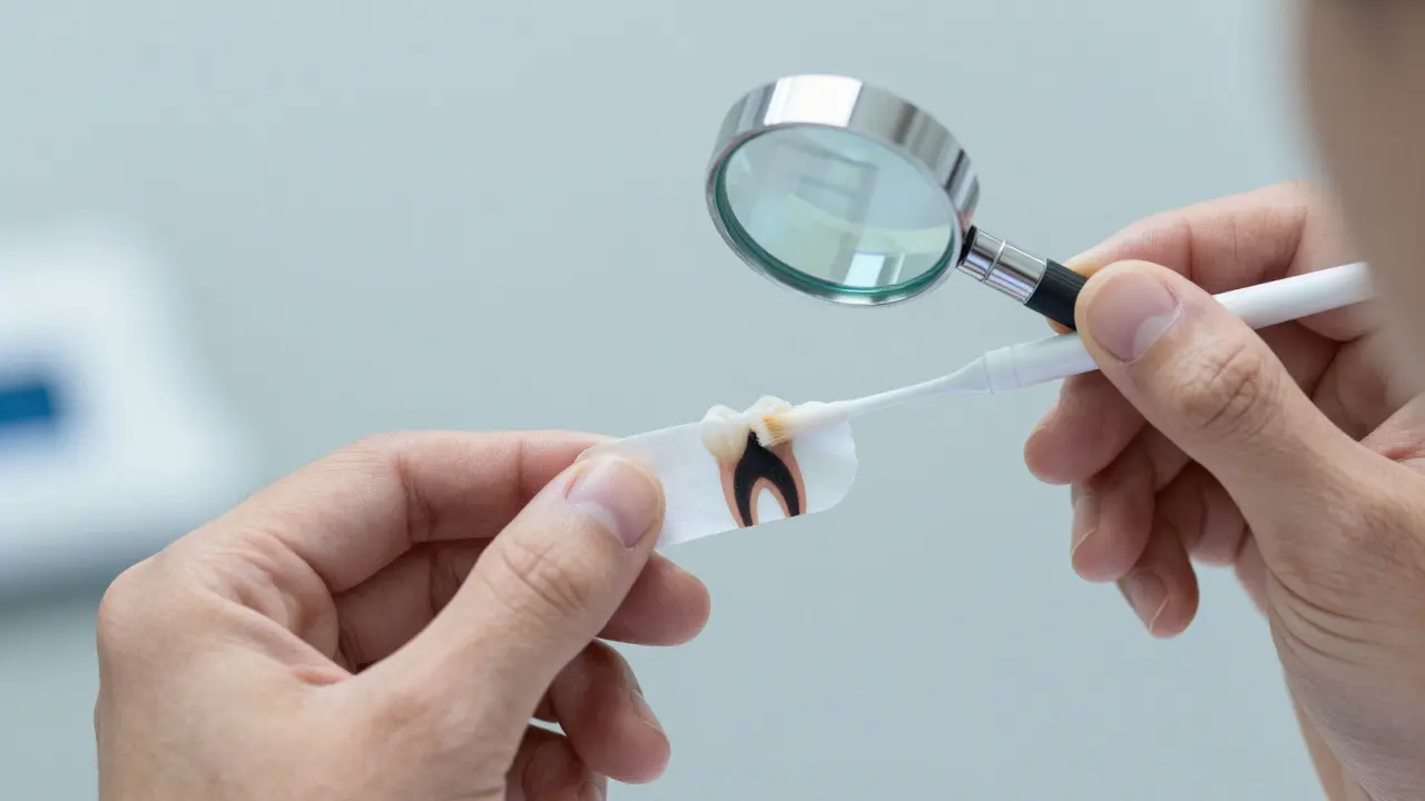 Ruce aplikující fluoridový gel na odhalený krček zubu, zatímco bělicí páska působí jen na sklovinu.