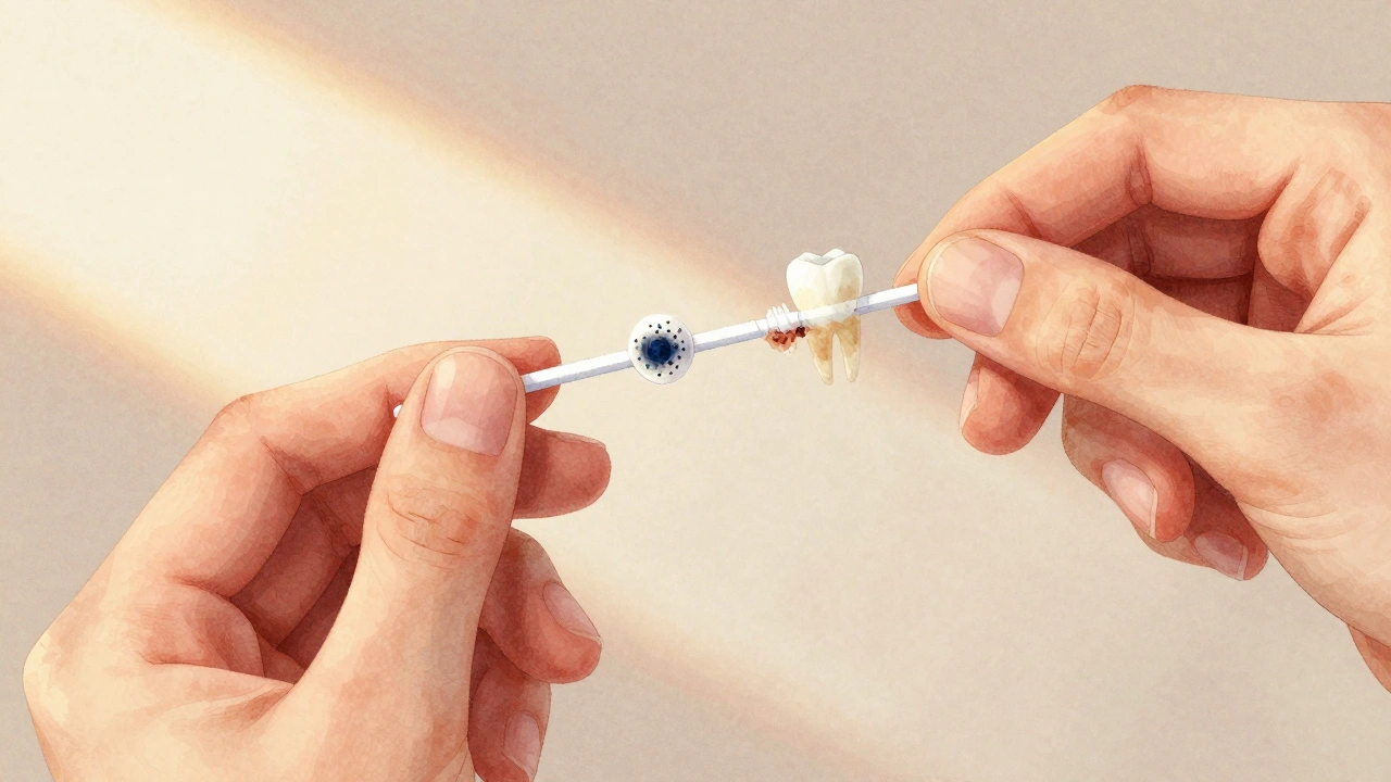 Ruka drží nit na správném způsobu, s viditelnými bakteriemi mezi zuby jako tmavými skvrnami.