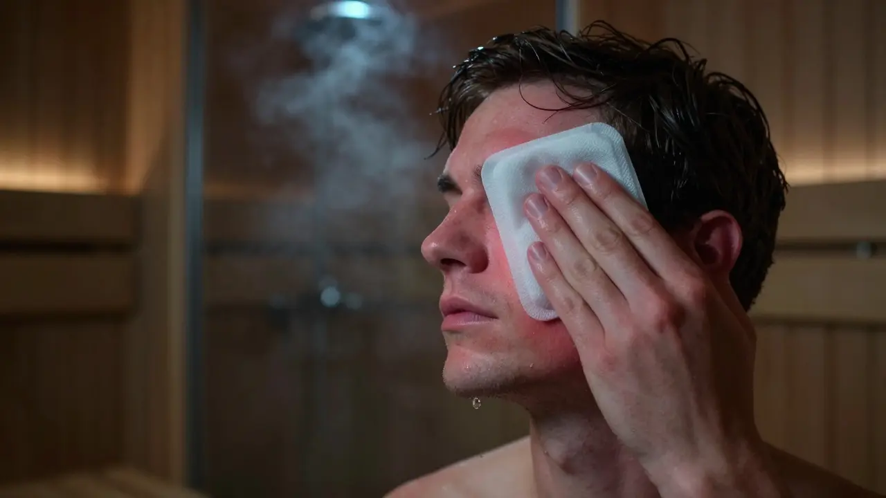 Ruka drží studený obklad na tváři, z pozadí se vyjíždí dveře sauny a sprcha — symbol opatrnosti při hojení.