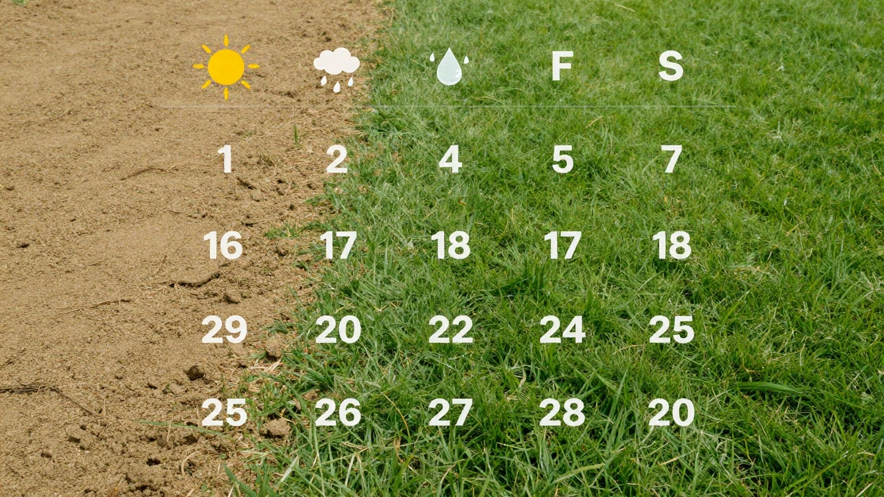 Sezónní kalendář s ikonami ukazující optimální časy pro pískování trávníku – jaro a podzim.