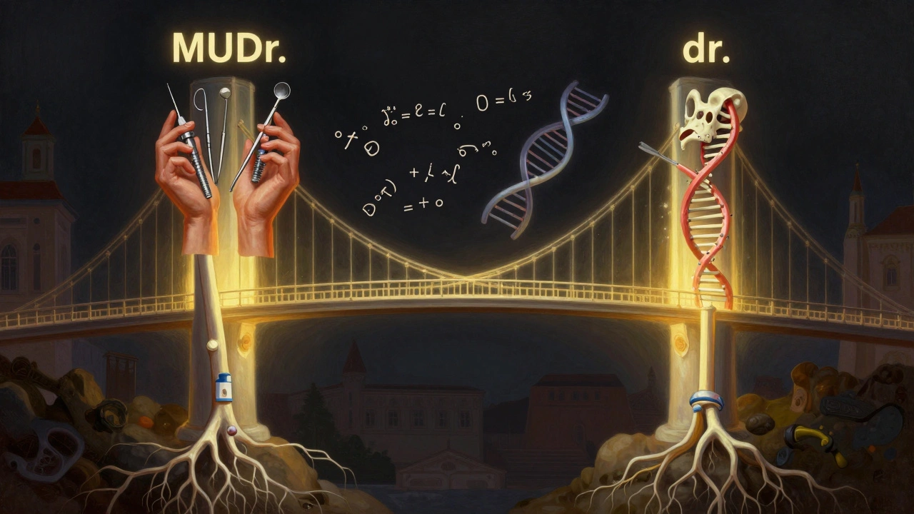Symbolický most spojuje klinickou praxi a vědecký výzkum v maxilofaciální chirurgii.