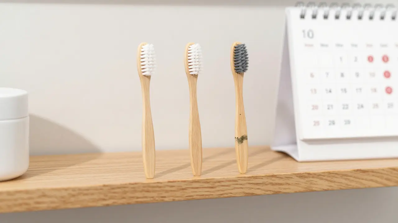 Tři zubní kartáčky různého věku na poličce vedle kalendáře s označenými měsíci.