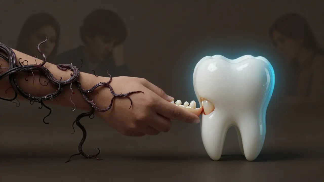 Zdravý mléčný zub s ochranným štítem proti zubnímu kamenu a plaku.